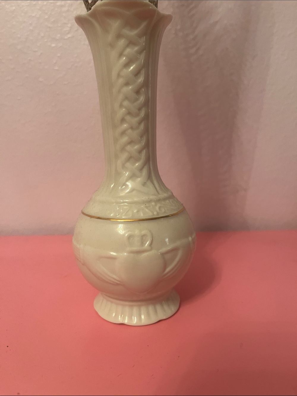 Belleek Cream Ceramic Bud Vase with Gold Trim